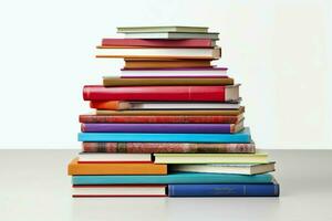 A book pile close up on a table. Front view pile book. For festival of world book day, national book day or national education day. Stack of colorful books on white background by AI Generated photo