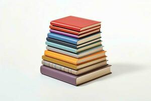 A book pile close up on a table. Front view pile book. For festival of world book day, national book day or national education day. Stack of colorful books on white background by AI Generated photo