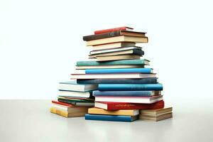 A book pile close up on a table. Front view pile book. For festival of world book day, national book day or national education day. Stack of colorful books on white background by AI Generated photo