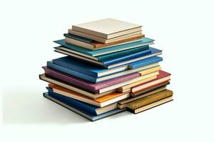 A book pile close up on a table. Front view pile book. For festival of world book day, national book day or national education day. Stack of colorful books on white background by AI Generated photo