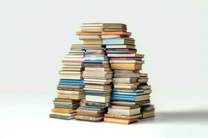 A book pile close up on a table. Front view pile book. For festival of world book day, national book day or national education day. Stack of colorful books on white background by AI Generated photo