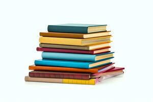 A book pile close up on a table. Front view pile book. For festival of world book day, national book day or national education day. Stack of colorful books on white background by AI Generated photo