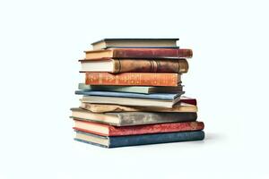 A book pile close up on a table. Front view pile book. For festival of world book day, national book day or national education day. Stack of colorful books on white background by AI Generated photo