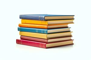 A book pile close up on a table. Front view pile book. For festival of world book day, national book day or national education day. Stack of colorful books on white background by AI Generated photo