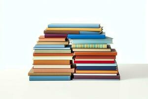 A book pile close up on a table. Front view pile book. For festival of world book day, national book day or national education day. Stack of colorful books on white background by AI Generated photo