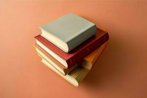 A book pile close up on a table. Front view pile book. For festival of world book day, national book day or national education day. Stack of colorful books on white background by AI Generated photo