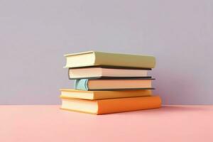 A book pile close up on a table. Front view pile book. For festival of world book day, national book day or national education day. Stack of colorful books on white background by AI Generated photo
