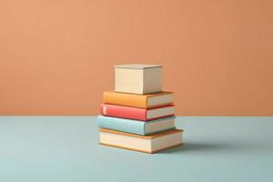 A book pile close up on a table. Front view pile book. For festival of world book day, national book day or national education day. Stack of colorful books on white background by AI Generated photo