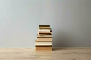 un libro pila cerca arriba en un mesa. frente ver pila libro. para festival de mundo libro día, nacional libro día o nacional educación día. apilar de vistoso libros en blanco antecedentes por ai generado foto