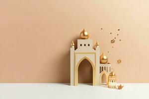 Eid mubarak and ramadan kareem greetings with copy space. Eid al fitr islamic lantern and mosque concept by AI Generated photo