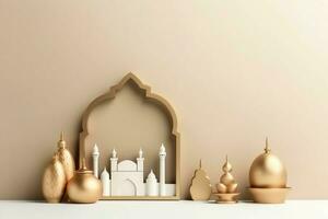 Eid mubarak and ramadan kareem greetings with copy space. Eid al fitr islamic lantern and mosque concept by AI Generated photo