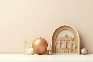Eid mubarak and ramadan kareem greetings with copy space. Eid al fitr islamic lantern and mosque concept by AI Generated photo