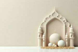 Eid mubarak and ramadan kareem greetings with copy space. Eid al fitr islamic lantern and mosque concept by AI Generated photo