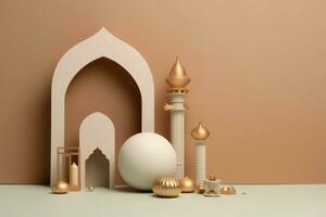 Eid mubarak and ramadan kareem greetings with copy space. Eid al fitr islamic lantern and mosque concept by AI Generated photo