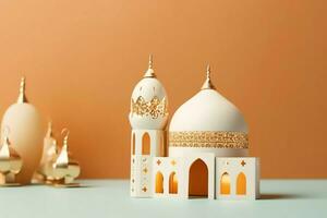 Eid mubarak and ramadan kareem greetings with copy space. Eid al fitr islamic lantern and mosque concept by AI Generated photo