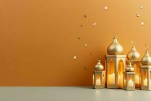 Eid mubarak and ramadan kareem greetings with copy space. Eid al fitr islamic lantern and mosque concept by AI Generated photo