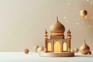 Eid mubarak and ramadan kareem greetings with copy space. Eid al fitr islamic lantern and mosque concept by AI Generated photo