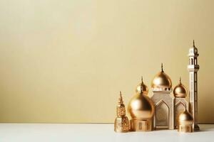 Eid mubarak and ramadan kareem greetings with copy space. Eid al fitr islamic lantern and mosque concept by AI Generated photo