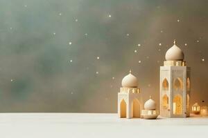 Eid mubarak and ramadan kareem greetings with copy space. Eid al fitr islamic lantern and mosque concept by AI Generated photo