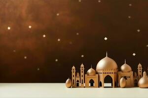 Eid mubarak and ramadan kareem greetings with copy space. Eid al fitr islamic lantern and mosque concept by AI Generated photo