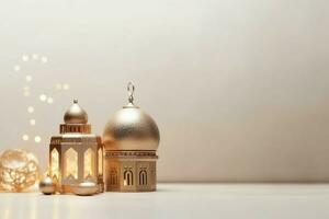 Eid mubarak and ramadan kareem greetings with copy space. Eid al fitr islamic lantern and mosque concept by AI Generated photo