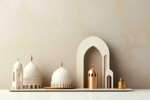 Eid mubarak and ramadan kareem greetings with copy space. Eid al fitr islamic lantern and mosque concept by AI Generated photo