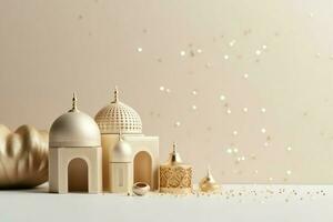 eid Mubarak y Ramadán kareem saludos con Copiar espacio. eid Alabama fitr islámico linterna y mezquita concepto por ai generado foto