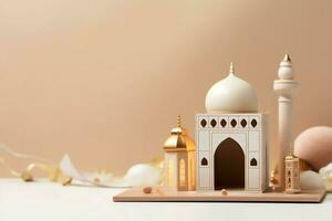 Eid mubarak and ramadan kareem greetings with copy space. Eid al fitr islamic lantern and mosque concept by AI Generated photo