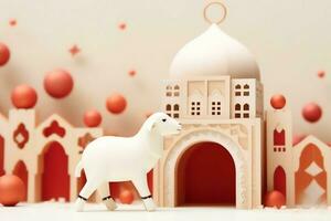 Eid mubarak and ramadan kareem greetings with copy space. Eid al fitr islamic lantern and mosque concept by AI Generated photo