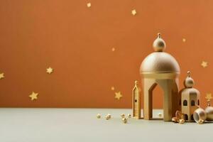 Eid mubarak and ramadan kareem greetings with copy space. Eid al fitr islamic lantern and mosque concept by AI Generated photo