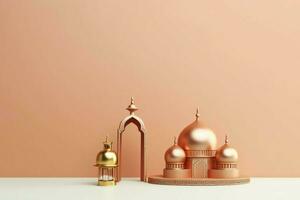 Eid mubarak and ramadan kareem greetings with copy space. Eid al fitr islamic lantern and mosque concept by AI Generated photo