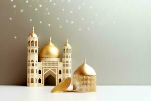 Eid mubarak and ramadan kareem greetings with copy space. Eid al fitr islamic lantern and mosque concept by AI Generated photo