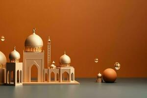 eid Mubarak y Ramadán kareem saludos con Copiar espacio. eid Alabama fitr islámico linterna y mezquita concepto por ai generado foto