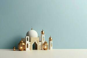 Eid mubarak and ramadan kareem greetings with copy space. Eid al fitr islamic lantern and mosque concept by AI Generated photo