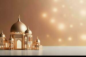 Eid mubarak and ramadan kareem greetings with copy space. Eid al fitr islamic lantern and mosque concept by AI Generated photo