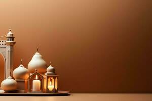 Eid mubarak and ramadan kareem greetings with copy space. Eid al fitr islamic lantern and mosque concept by AI Generated photo