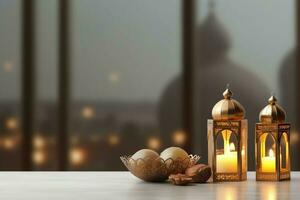 Eid mubarak and ramadan kareem greetings with copy space. Eid al fitr islamic lantern and mosque concept by AI Generated photo