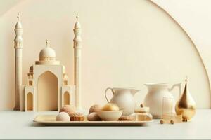 Eid mubarak and ramadan kareem greetings with copy space. Eid al fitr islamic lantern and mosque concept by AI Generated photo