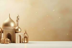 Eid mubarak and ramadan kareem greetings with copy space. Eid al fitr islamic lantern and mosque concept by AI Generated photo