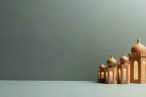 Eid mubarak and ramadan kareem greetings with copy space. Eid al fitr islamic lantern and mosque concept by AI Generated photo