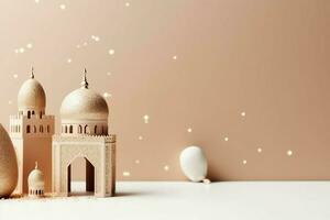 Eid mubarak and ramadan kareem greetings with copy space. Eid al fitr islamic lantern and mosque concept by AI Generated photo