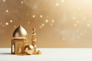 Eid mubarak and ramadan kareem greetings with copy space. Eid al fitr islamic lantern and mosque concept by AI Generated photo