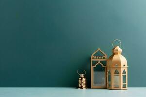 Eid mubarak and ramadan kareem greetings with copy space. Eid al fitr islamic lantern and mosque concept by AI Generated photo