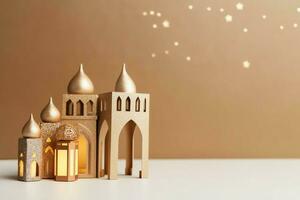 Eid mubarak and ramadan kareem greetings with copy space. Eid al fitr islamic lantern and mosque concept by AI Generated photo
