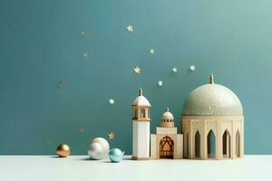 Eid mubarak and ramadan kareem greetings with copy space. Eid al fitr islamic lantern and mosque concept by AI Generated photo