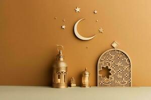 Eid mubarak and ramadan kareem greetings with copy space. Eid al fitr islamic lantern and mosque concept by AI Generated photo