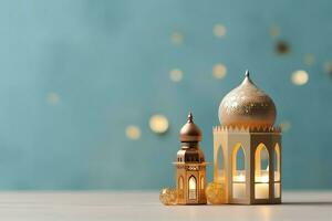 Eid mubarak and ramadan kareem greetings with copy space. Eid al fitr islamic lantern and mosque concept by AI Generated photo