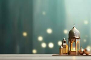 Eid mubarak and ramadan kareem greetings with copy space. Eid al fitr islamic lantern and mosque concept by AI Generated photo