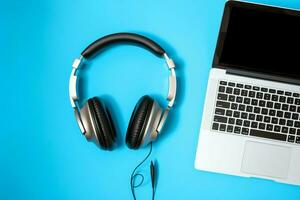 Music or podcast background with electronic devices, headphones, coffee and laptop on office desk concept by AI Generated photo