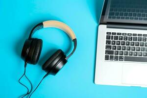 Music or podcast background with electronic devices, headphones, coffee and laptop on office desk concept by AI Generated photo
